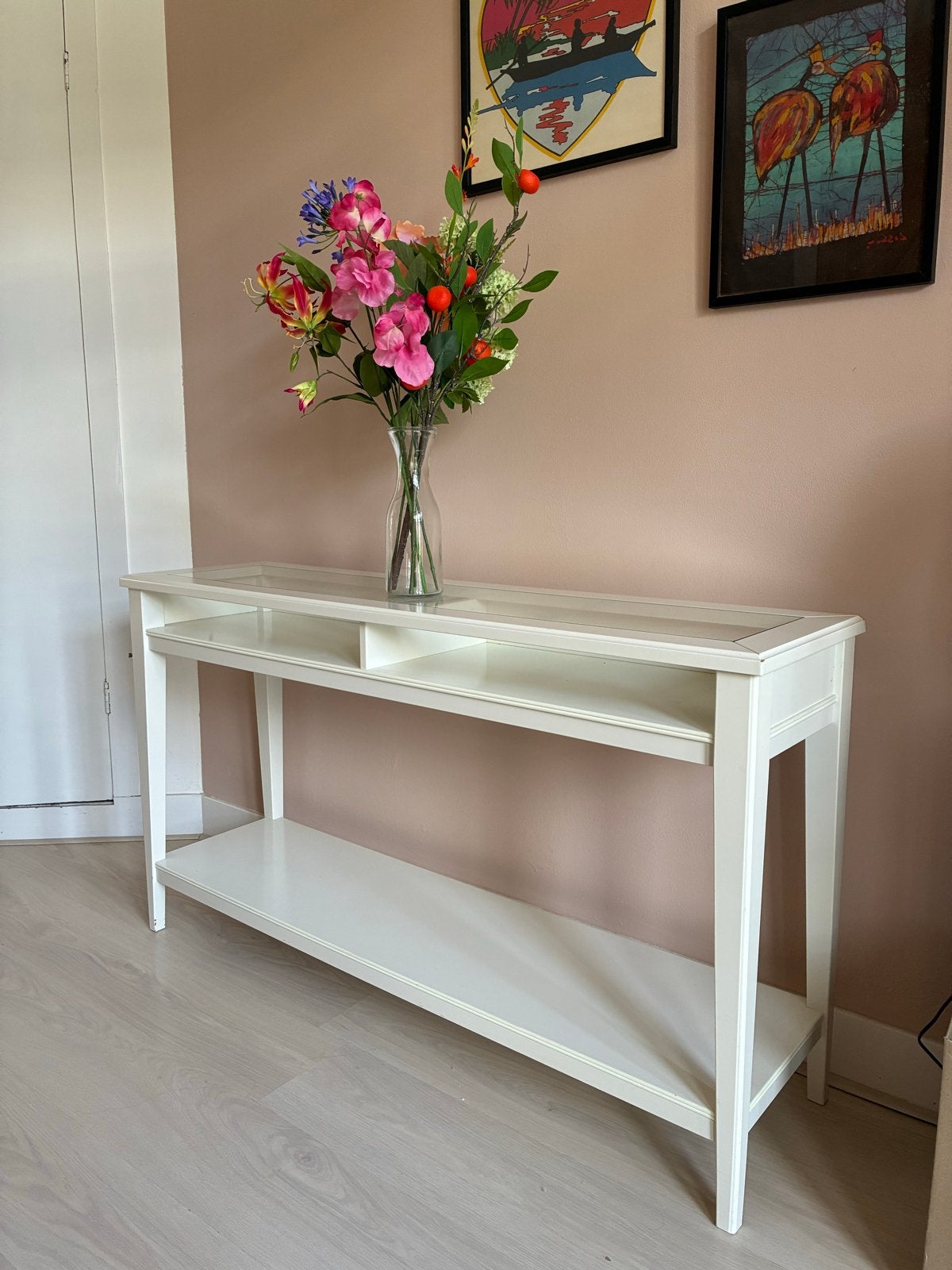 IKEA LIATORP sidetable / vitrinetafel wit met glasplaat, Ophalen, Gebruikt, 100 tot 150 cm, Glas