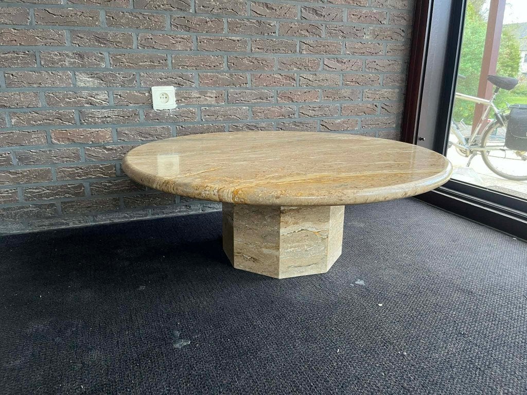 Design salontafel - gold travertine - rond - 90 diameter, Huis en Inrichting, 50 tot 100 cm, Rond, Zo goed als nieuw, 5 – 50