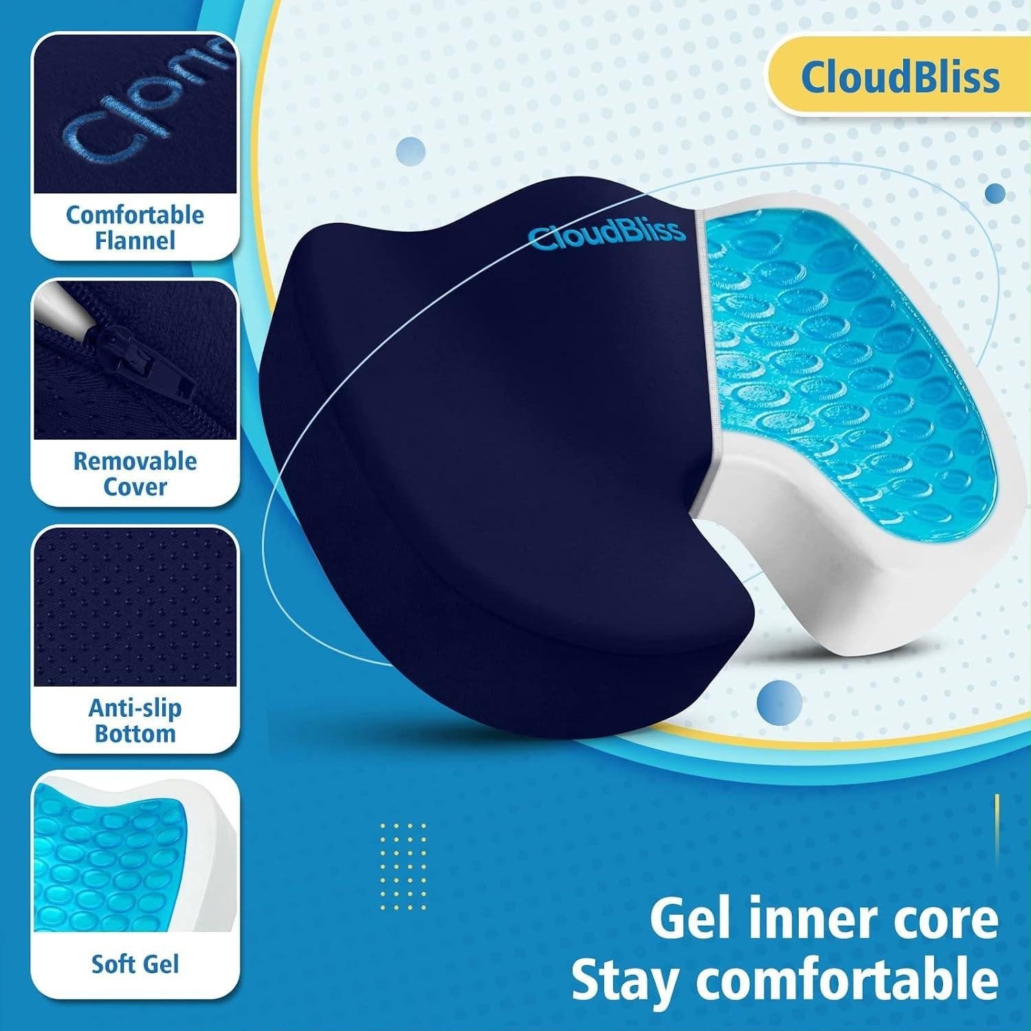 CloudBliss Ergonomisch Zitkussen met Gel en Traagschuim, Ophalen of Verzenden, Zo goed als nieuw, Blauw, Overige typen