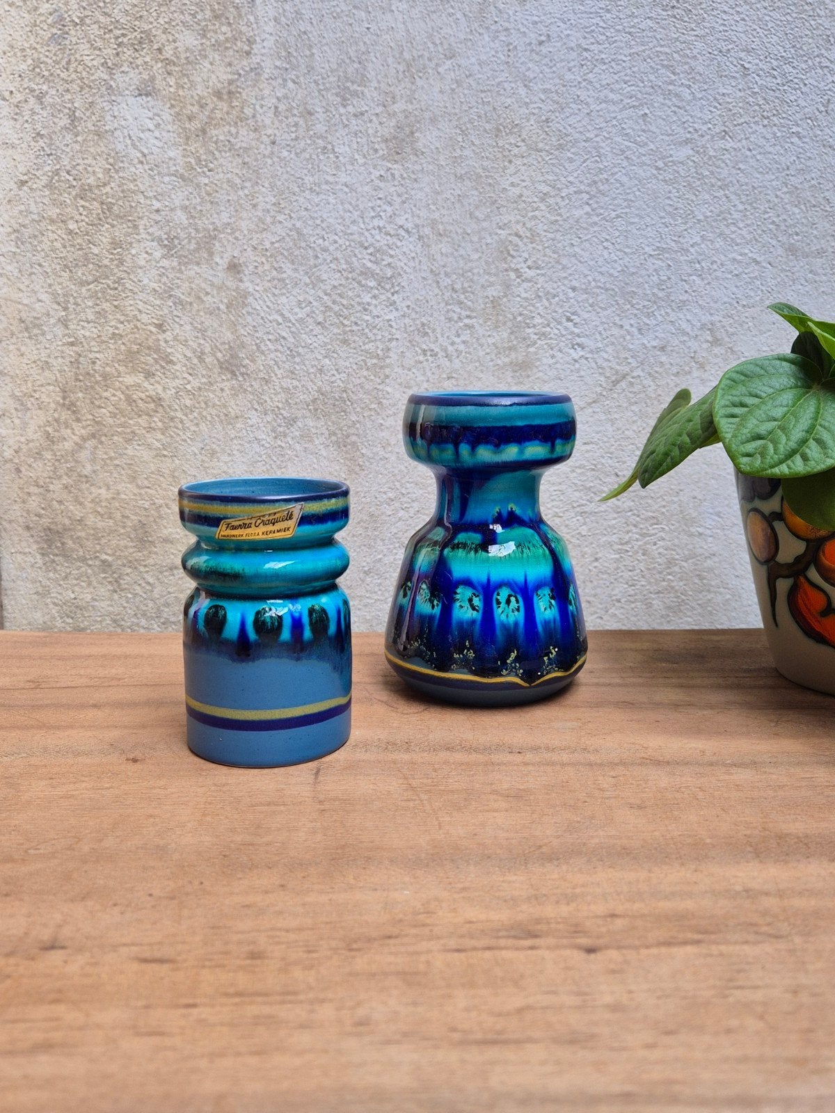 Vintage Faenza Craquelé Flora Keramiek Vaasje - Blauw/Groen, Ophalen of Verzenden