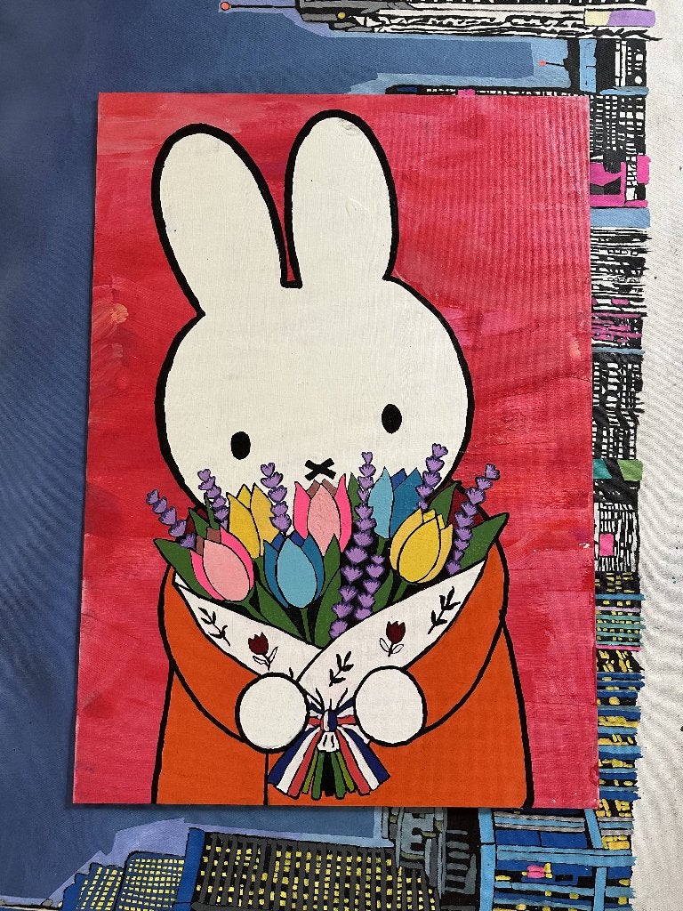 rabbit with flowers kunst art 50 x 70 cm, Ophalen, Handgeschilderd, Overige materialen, Figuren