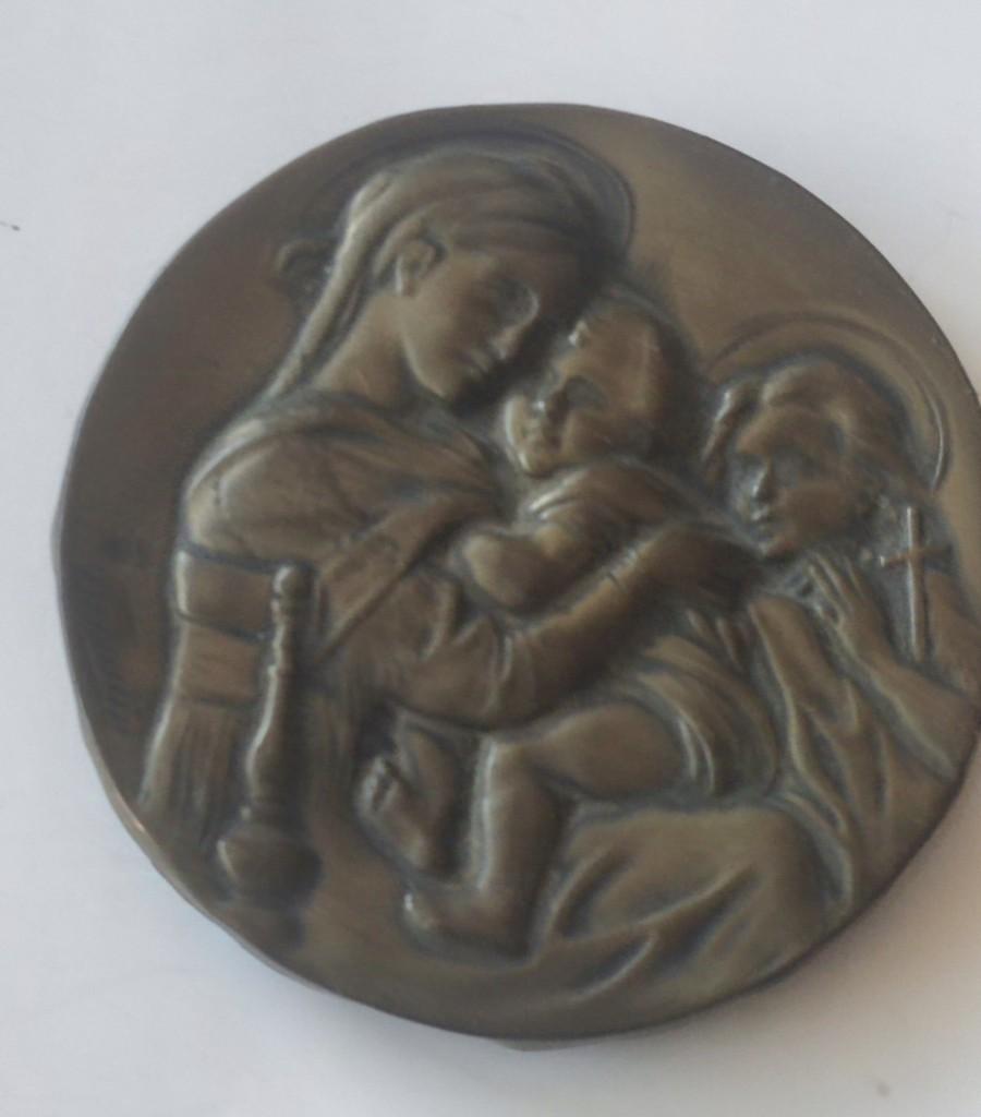 526 Oud metalen plaatje met Maria en Jezus en St. Janneke, Ophalen of Verzenden, Gebruikt, Overige typen, Christendom | Katholiek