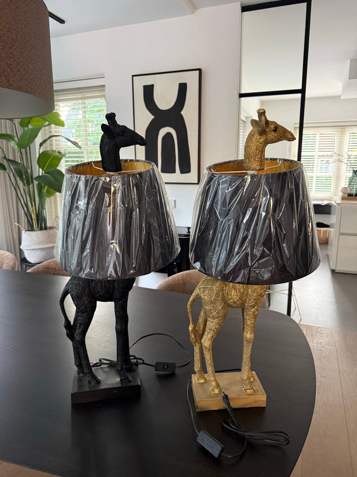 Set van 2 Giraffe Tafellampen - Zwart en Goud, Met schakelaar, Kunststof, Meerkleurig, Ophalen of Verzenden