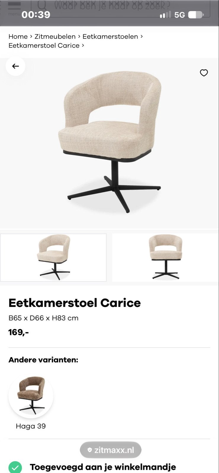 2x Eetkamerstoel Carice bijna nieuw, Twee, Overige kleuren, Ophalen of Verzenden, Zo goed als nieuw