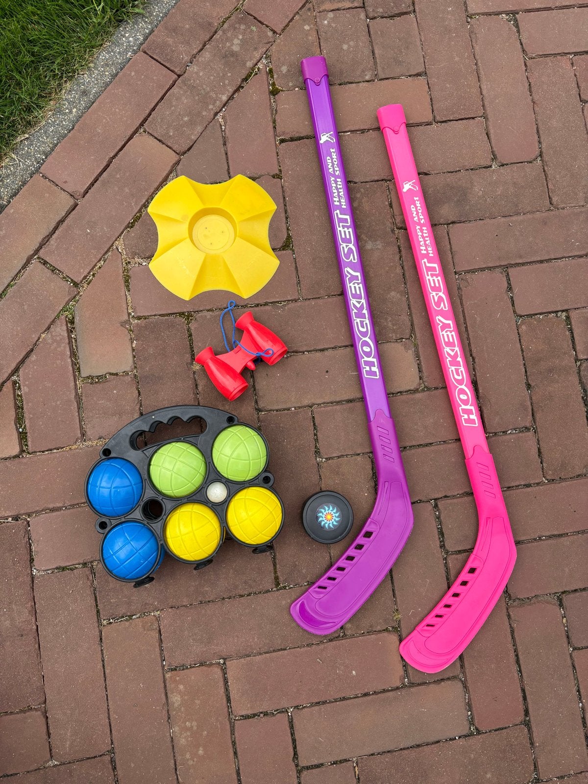 Buitenspeelgoed set: hockey, jeu de boules, verrekijker, Kinderen en Baby's, Ophalen of Verzenden, Zo goed als nieuw