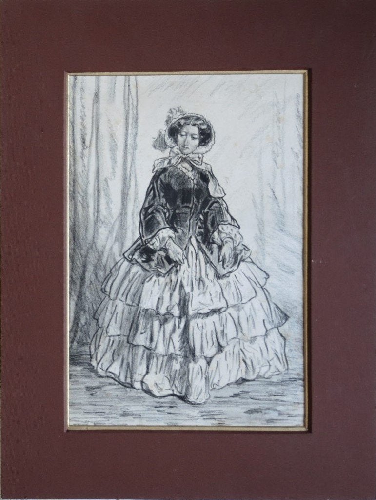 Franse Maker 19e eeuw litho "Jonge Vrouw in Crinoline Jurk", Antiek en Kunst, Ophalen