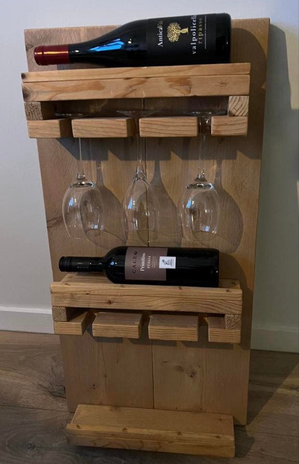 Houten Wijnrek met Glazenhouder - Rustiek Design, Ophalen, Zo goed als nieuw, Minder dan 5 flessen, 75 – 100