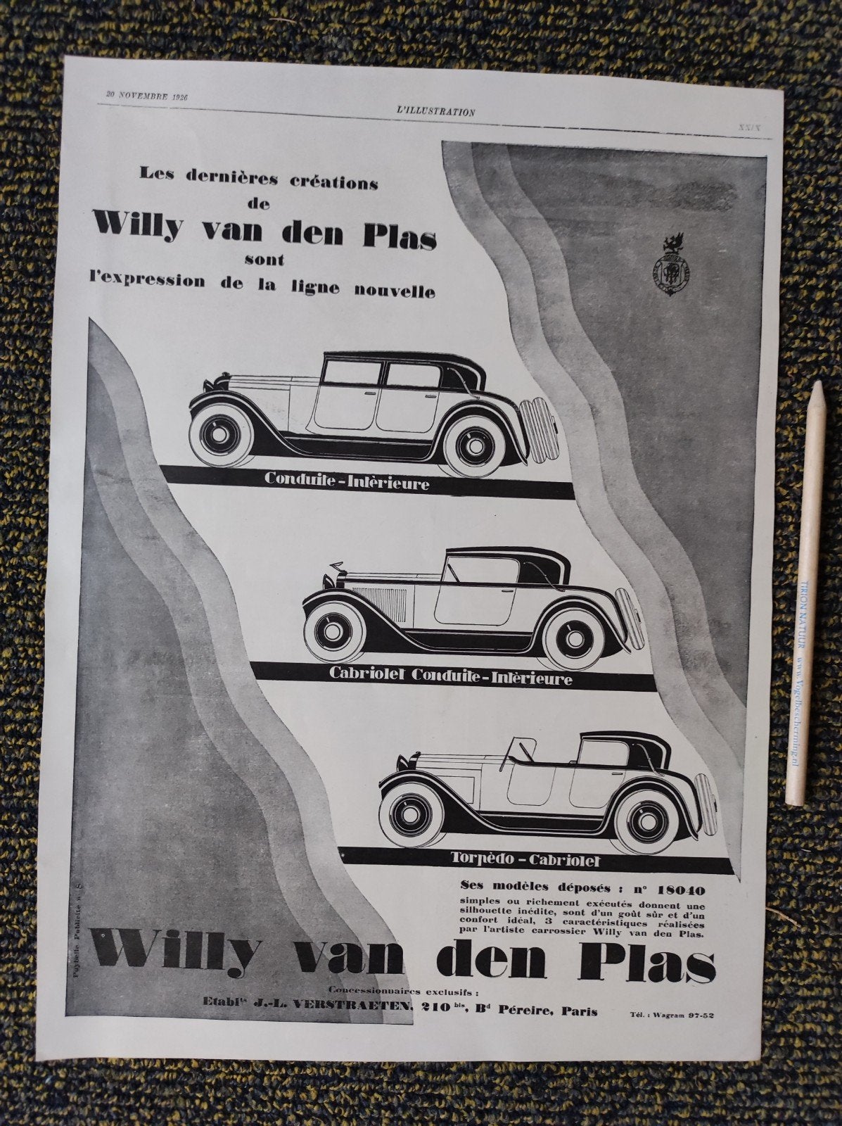 Willy van den Plas auto advertentie uit 1926, Verzamelen, Ophalen of Verzenden, Gebruikt