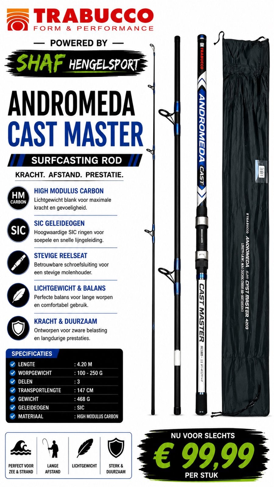 Trabucco Andromeda Cast Master 4.20m 100-250g, Ophalen of Verzenden, Nieuw, Werphengel