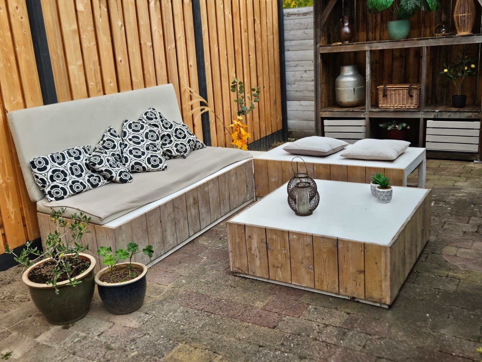 Steigerhouten Loungeset met Tafel en Banken, Tuin en Terras, Tuinsets en Loungesets, Ophalen, Gebruikt, Steigerhout