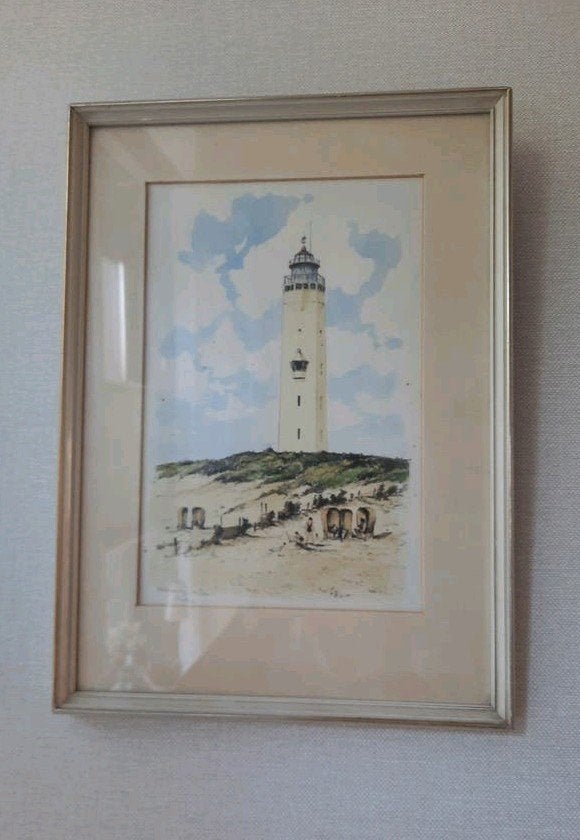 Antieke aquarel van de vuurtoren en strand van Noordwijk., Ophalen of Verzenden