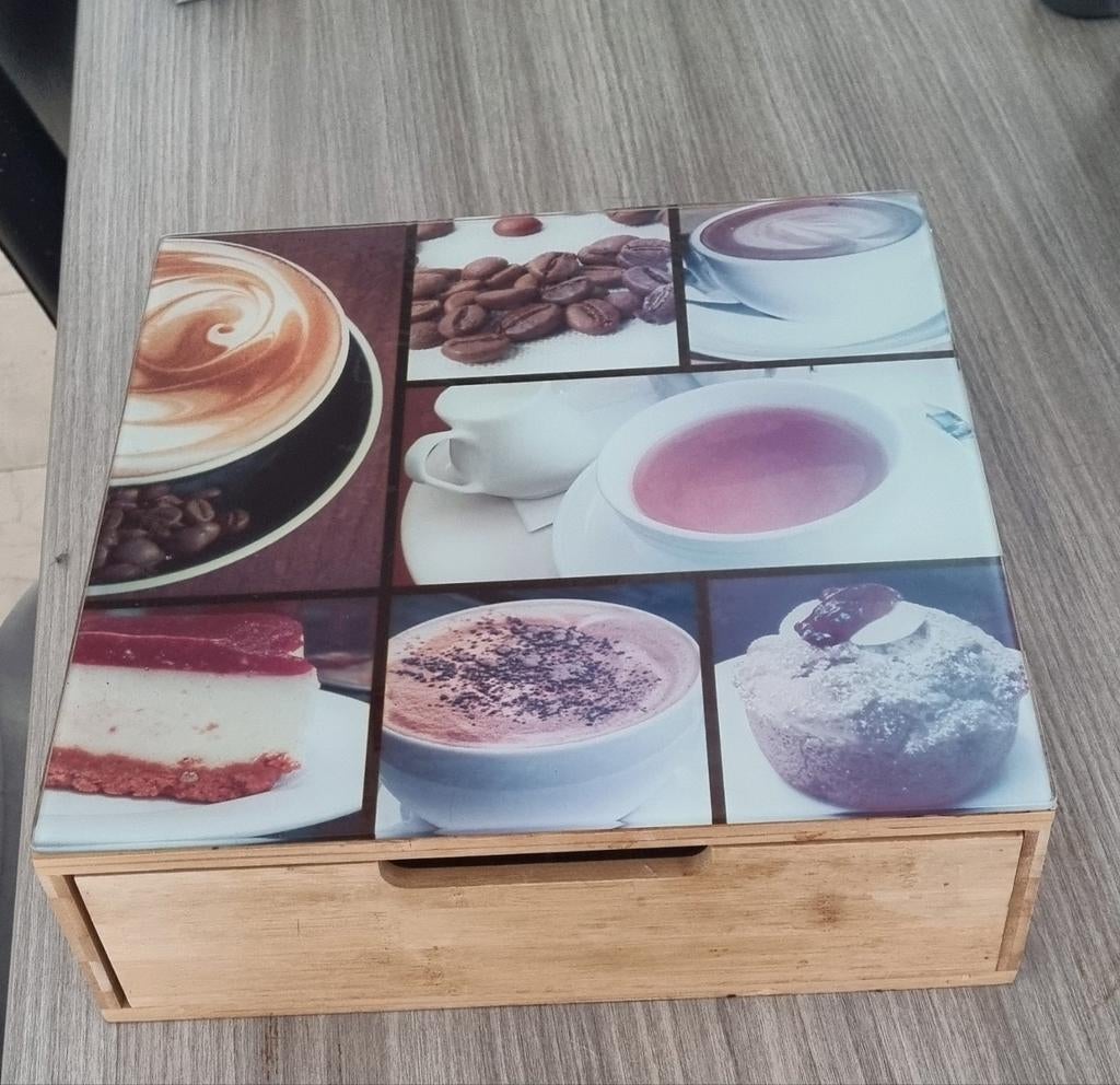 houten theedoos met glasplaat, Theedoos, Ophalen, Zo goed als nieuw, Overige materialen