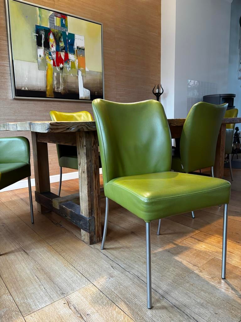 6 Bert Plantagie eetkamerstoelen, groen leer, Gebruikt, Overige kleuren, Leer, Ophalen of Verzenden