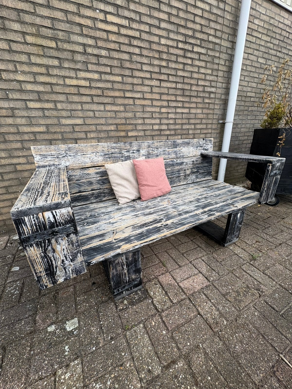 Tuinbank 1.80 m. van originele steigerplanken!, Ophalen, Gebruikt, 3 zitplaatsen, Steigerhout