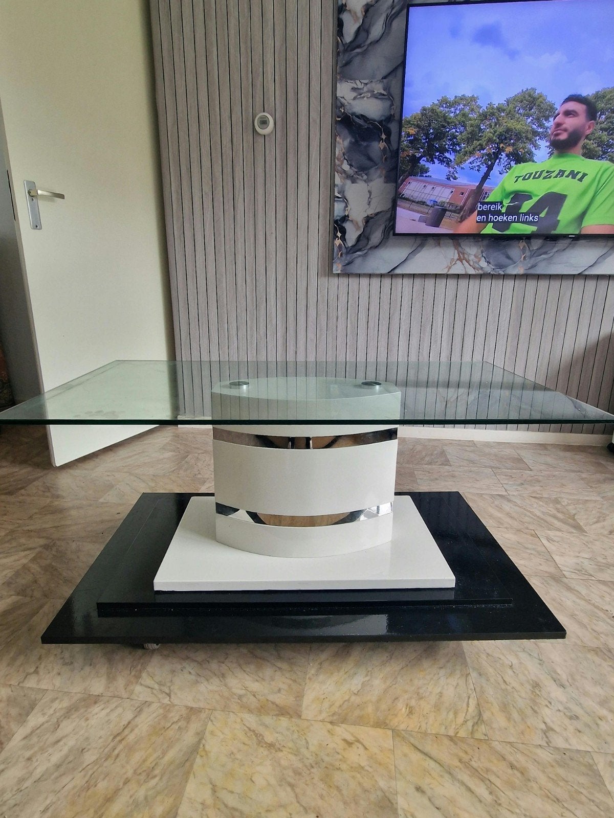 Moderne Salontafel Glas & Hoogglans op Wieltjes, Ophalen of Verzenden, Gebruikt, Glas, Modern