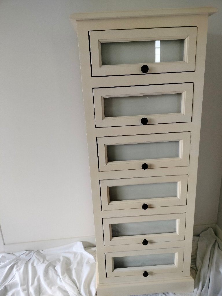 Landelijke Crème ladekast met 6 lades met glazenvenster, Huis en Inrichting, Ophalen, 50 tot 100 cm, 3 of 4 laden, Minder dan 100 cm