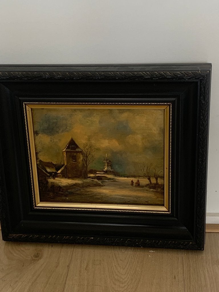Winterlandschap en tafereel, 30x24 cm in keurige lijst, Ophalen, Paneel, Oud hollands, Olieverf