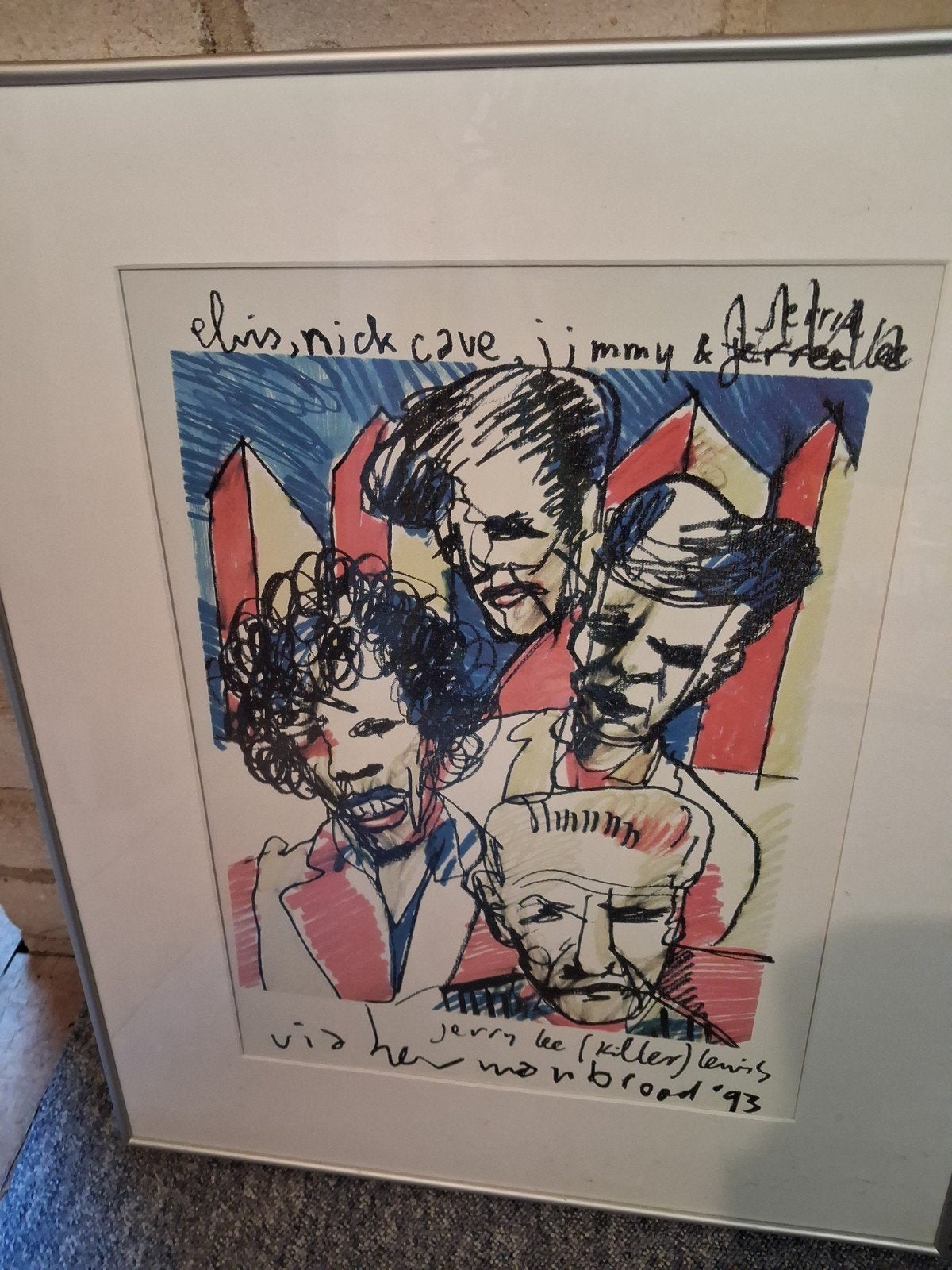 Herman Brood Druk 'Elvis, Nick Cave, Jimmy & Jerry Lee', Ophalen of Verzenden, Print, Print/reproductie, Ingelijst