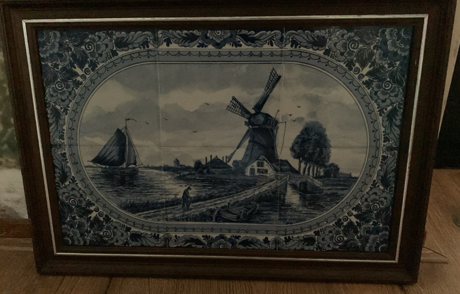 Delfts Blauw Tegeltableau: Hollandse Molen en Zeilschip, Ophalen
