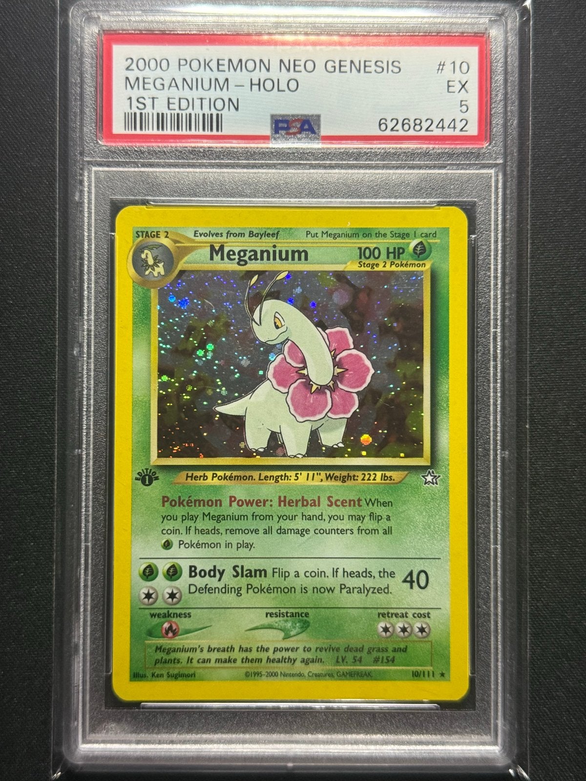 2000 Pokémon Neo Genesis Meganium Holo 1st Edition PSA 5, Hobby en Vrije tijd, Verzamelkaartspellen | Pokémon, Ophalen of Verzenden