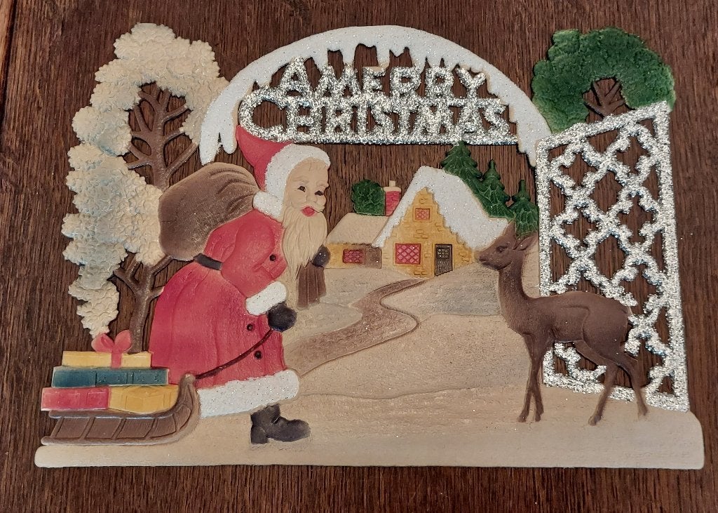 Vintage merry christmas santa kerstman slee kado's hertje, Diversen, Kerst, Ophalen of Verzenden, Gebruikt