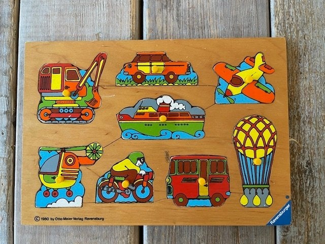 Vintage houten puzzel Ravensburger. 1980. Voertuigen., Ophalen, 2 tot 4 jaar, Zo goed als nieuw, Van hout