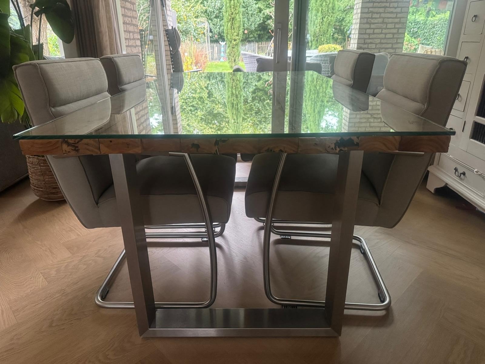 Teak houten eettafel, glazen blad, RVS onderstel, 100x180x80, Ophalen, 200 cm of meer, 50 tot 100 cm, Zo goed als nieuw