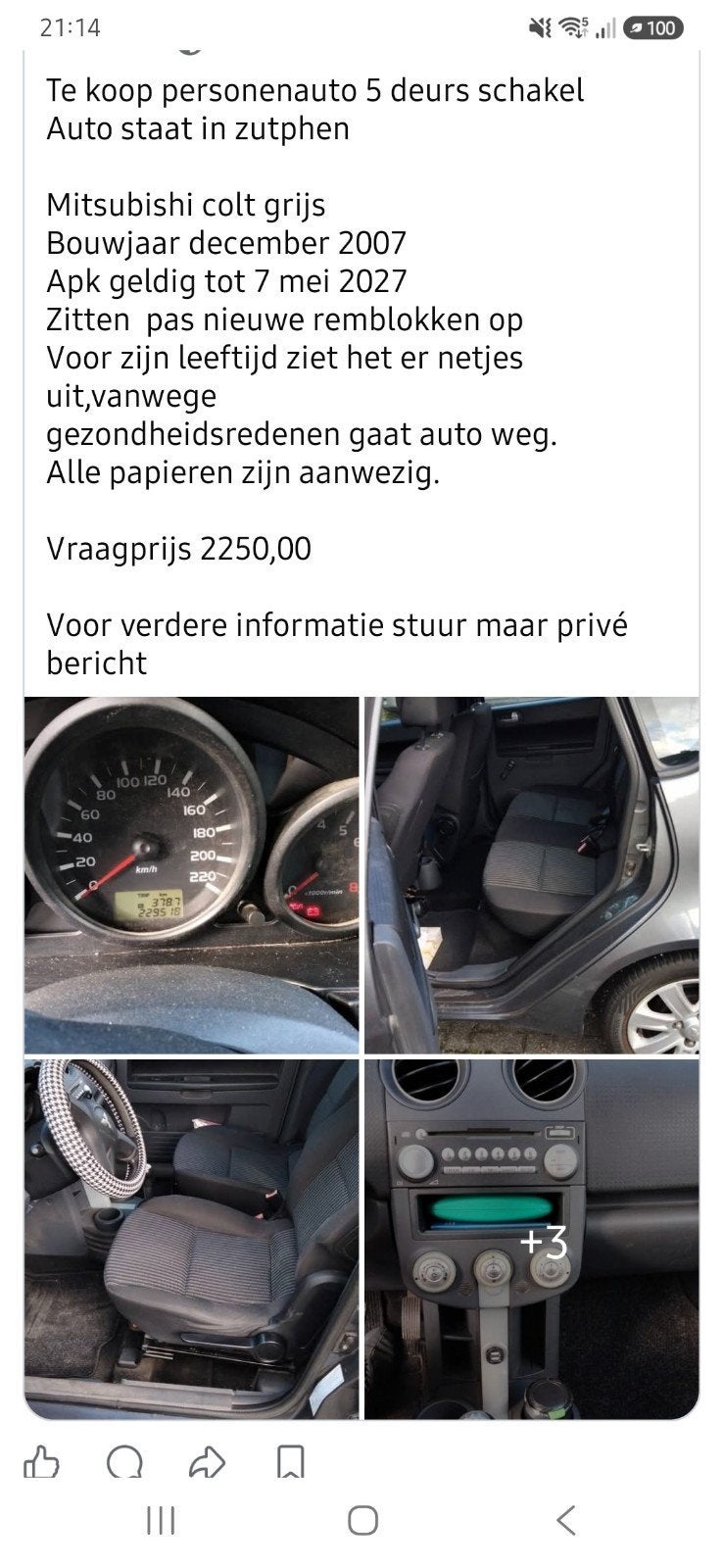 Mitsubishi Colt 1.3 CZ5 2007 Grijs, 31 €/maand, Colt, Origineel Nederlands, Handgeschakeld