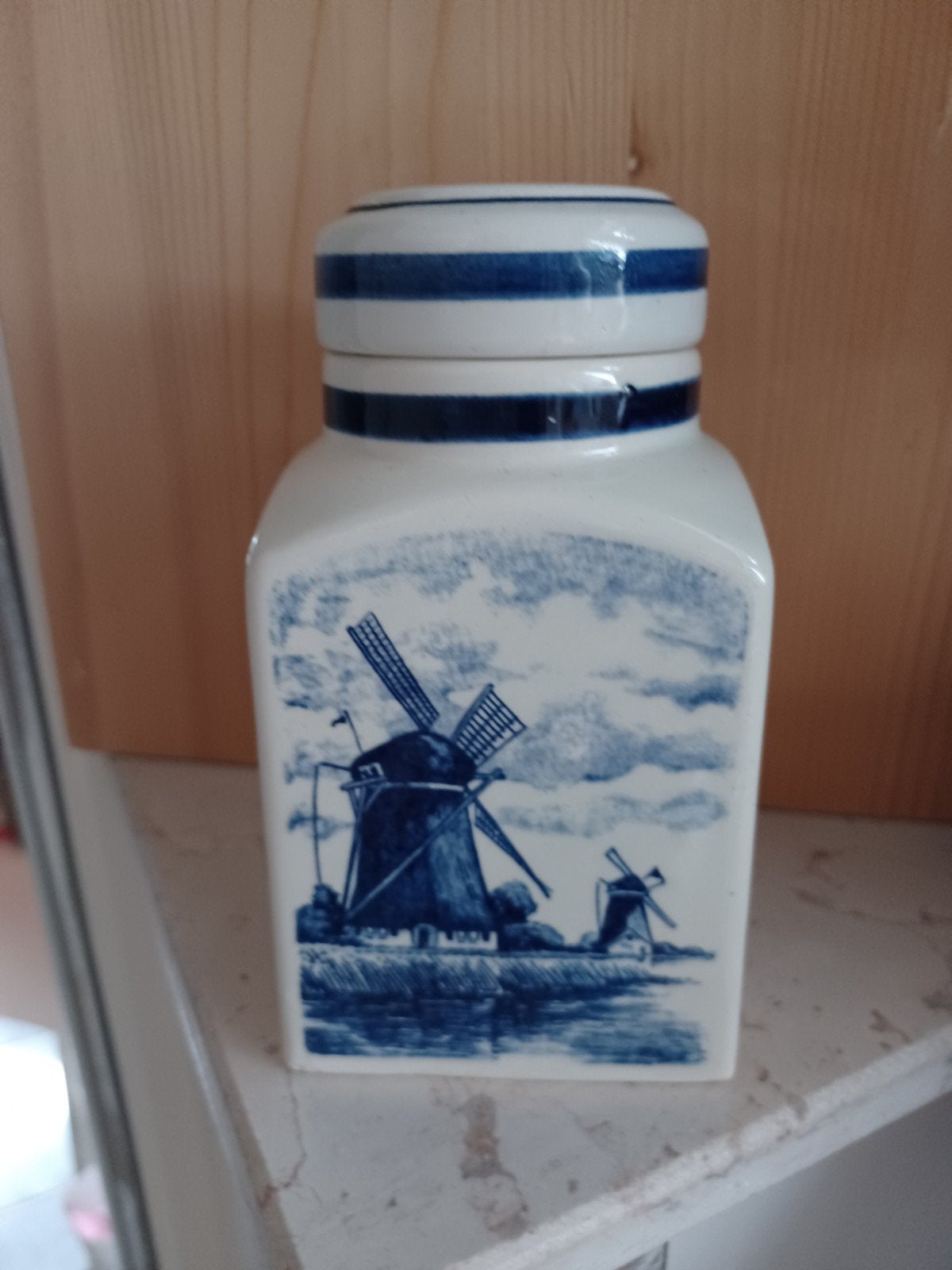 Delfts blauw voorraadpot  pot molens en zeilschepen, Ophalen of Verzenden
