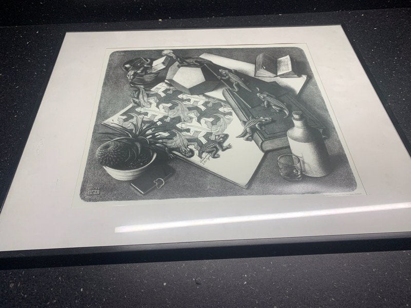 Esscher tekening (kopie) in fotolijst, Ophalen of Verzenden, 1980 tot heden, Zo goed als nieuw