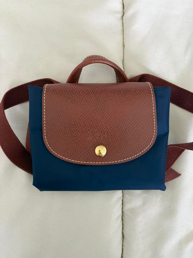 Originele Longchamp rugtasje dk blauw met bruin leer, Ophalen of Verzenden, Zo goed als nieuw, Blauw, Overige typen