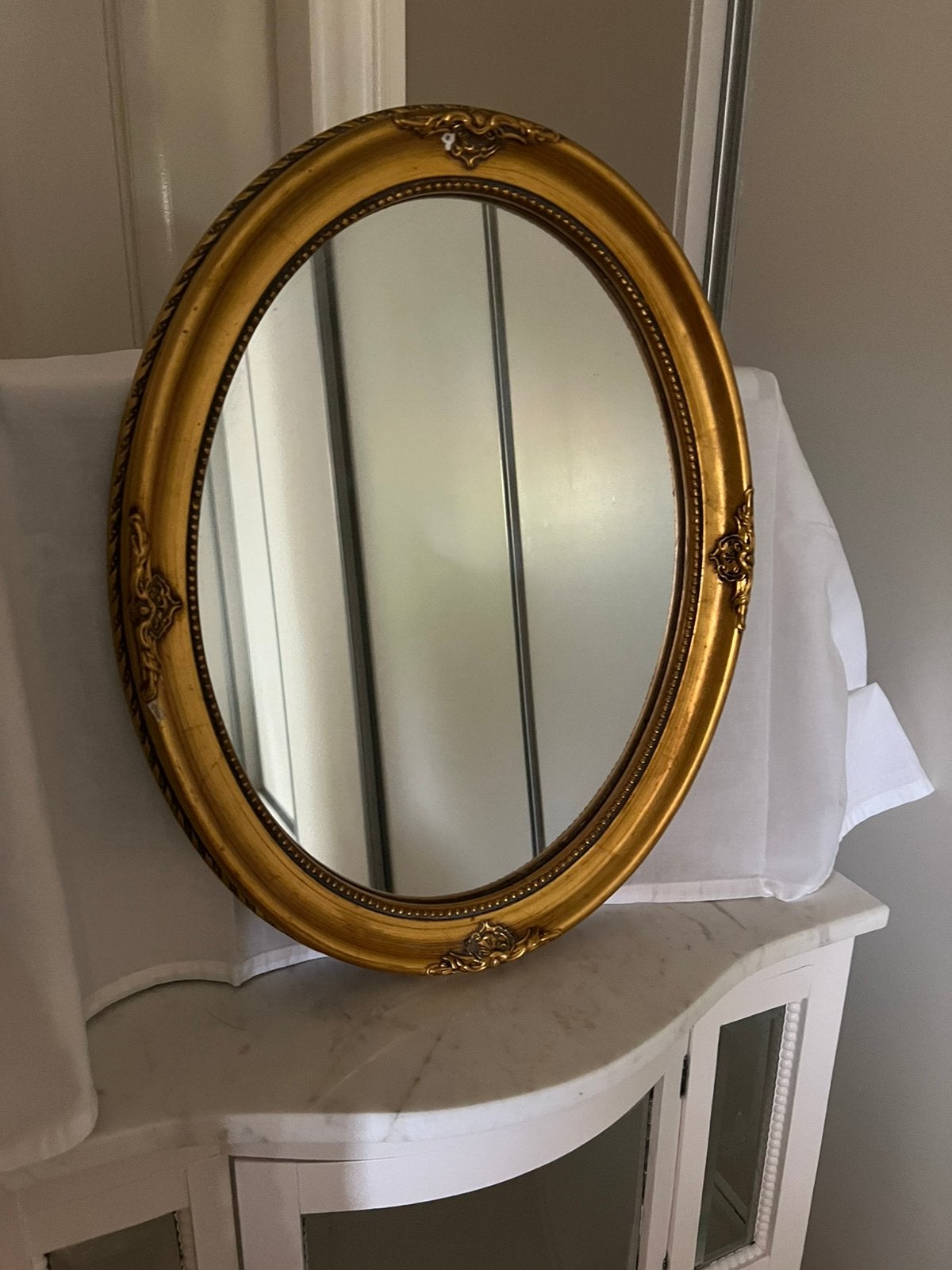 Brocante spiegel ovaal, goudkleurig, 48hx38b, Ophalen, Gebruikt, Minder dan 100 cm, Ovaal