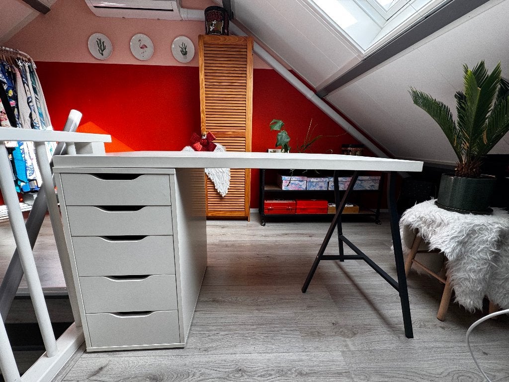 IKEA ALEX bureau 120x60 met ladeblok + 2 LERBERG schragen, Overige typen, Gebruikt, 120 cm, Spaanplaat of MDF
