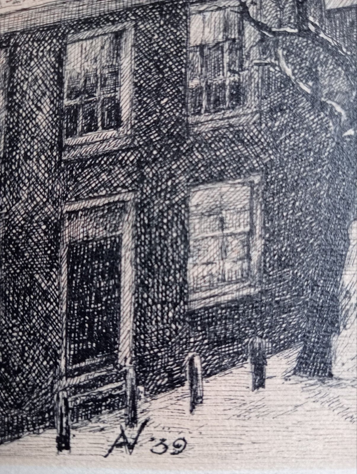 Prent Grote Kerk in Amsterdam monogram AV jaartal 1938, Ophalen of Verzenden