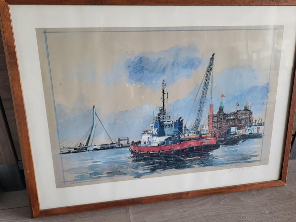 Ingelijste aquarel van Rotterdamse haven met schepen, Ophalen