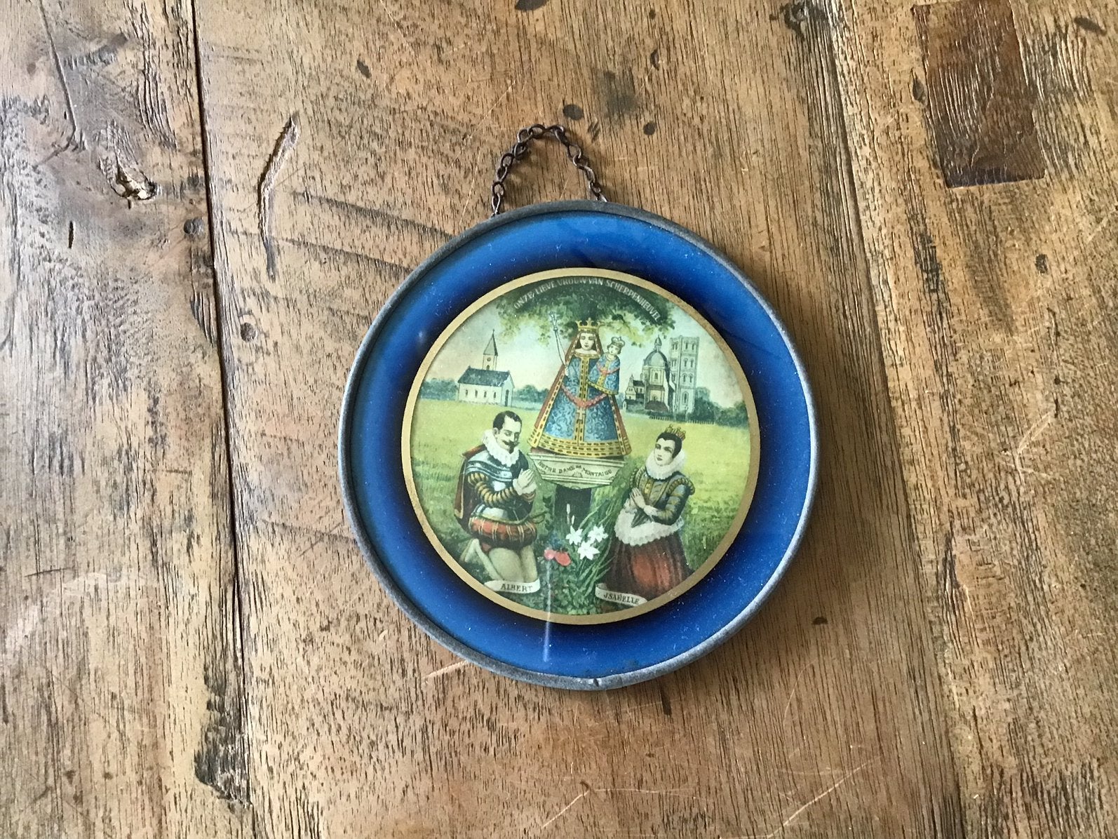 Antieke lijst met gekleurd glas Maria Scherpenheuvel, Ophalen of Verzenden