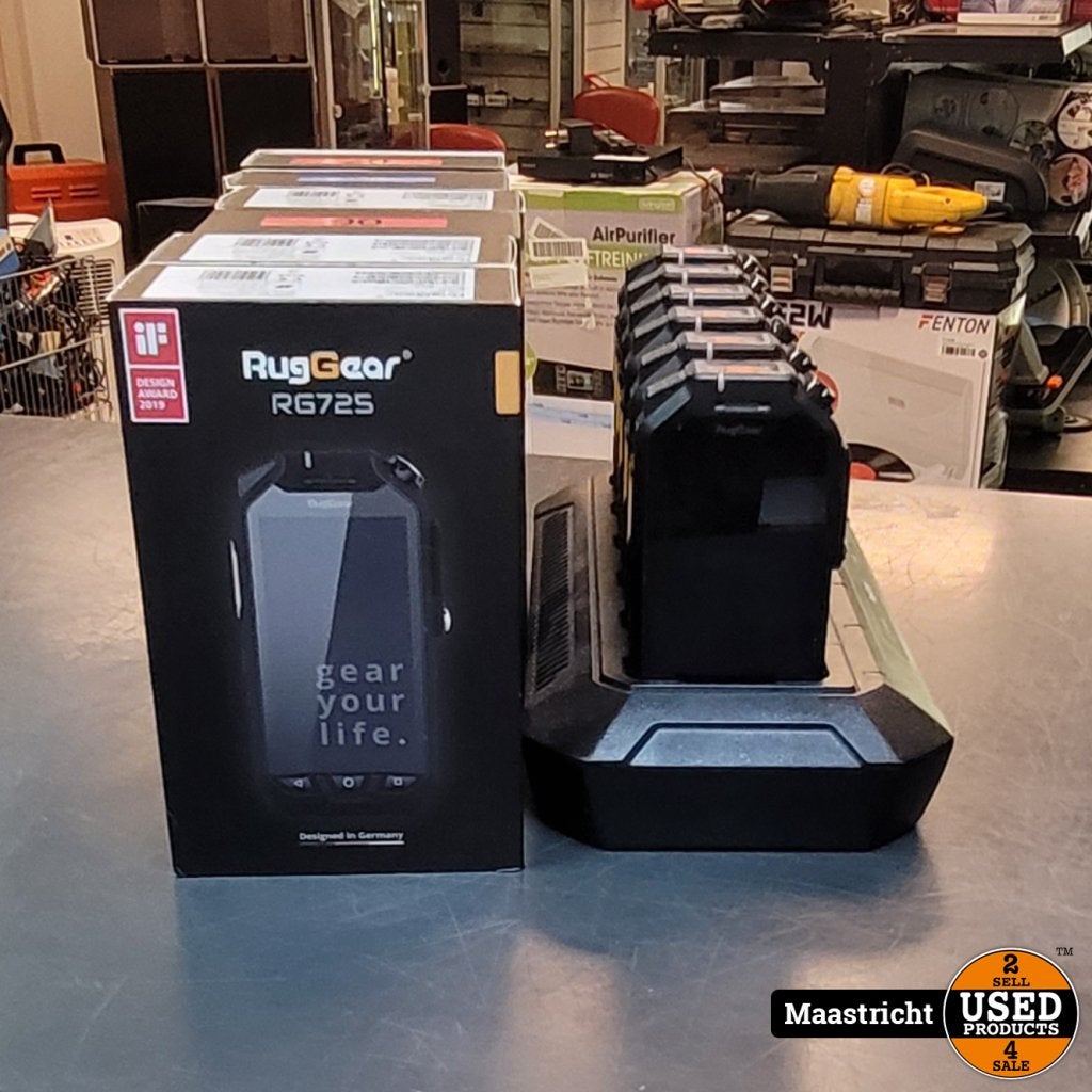 Complete set van 6 RugGear 725 toestellen met lader | nwpr 2, Flex Ltd., Gebruikt, https://flex.com/contact-us, Nobelstraat 10, 5807 GA Oostrum LB, Limburg, Nederland