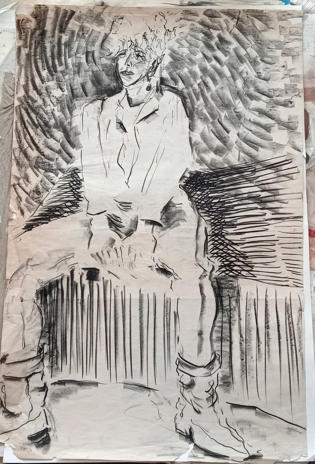 Houtskool zittende vrouw jaren 90, Antiek en Kunst, Kunst | Tekeningen en Foto's, Ophalen of Verzenden