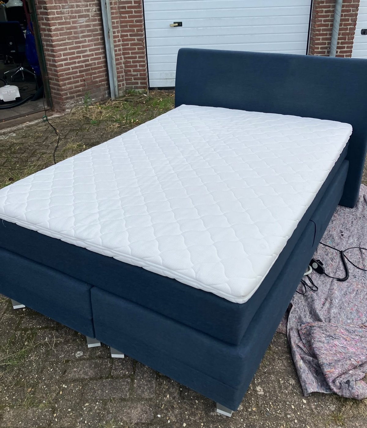 Elektrisch verstelbare boxspring 140x200 topper + hoofdbord, Ophalen, Verstelbaar, Blauw, Tweepersoons