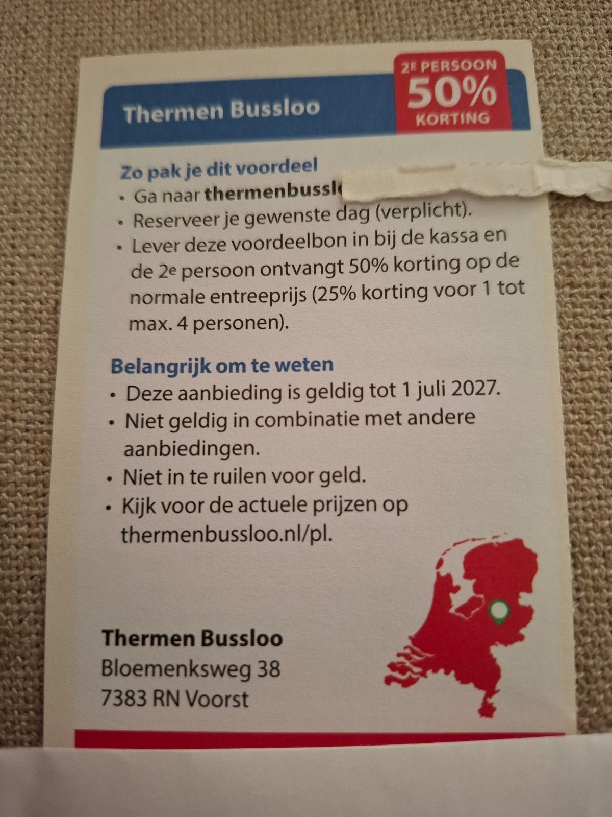 Thermen Bussloo kortingsbon 50% 2e persoon, Twee personen, Kortingsbon, Spa of Sauna
