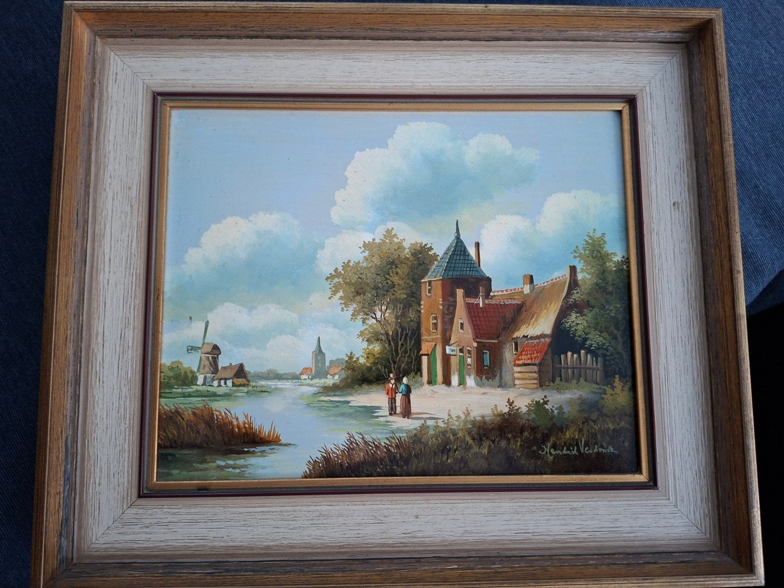 Schilderij Hollands Landschap met Molen en Dorp, Doek, Realistisch, Ophalen of Verzenden, Olieverf
