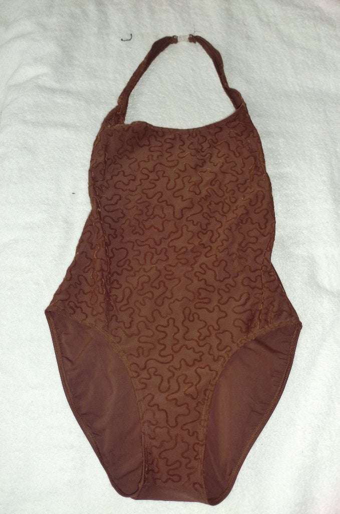 Bruin badpak met fluwelen reliëf en halterbandje, maat 42, Kleding | Dames, Ophalen of Verzenden, Zo goed als nieuw, Bruin, Badpak