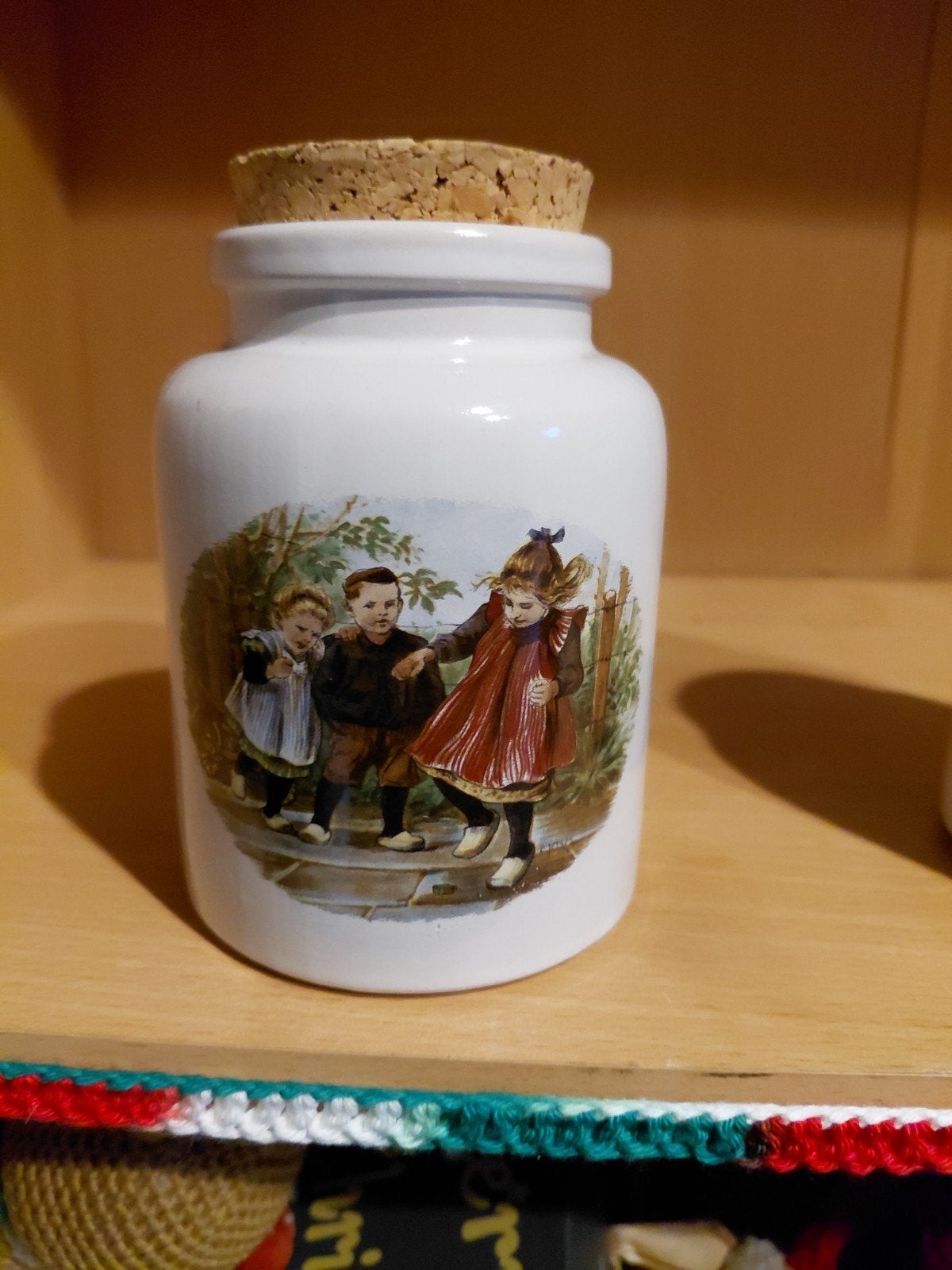Vintage keramische pot met kurk en kinderillustratie, Ophalen of Verzenden