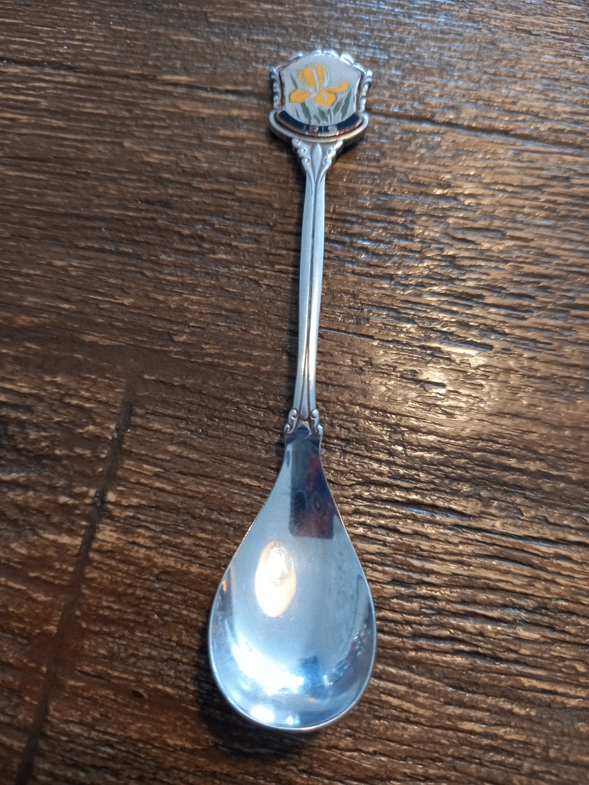 Verzilverd vintage lepeltje met geëmailleerde Iris, Ophalen of Verzenden