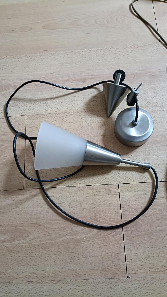 Lampen, Huis en Inrichting, Lampen | Hanglampen, Ophalen, Gebruikt, Glas, Glas met rvs dakje en rvs contragewicht en plafond houder