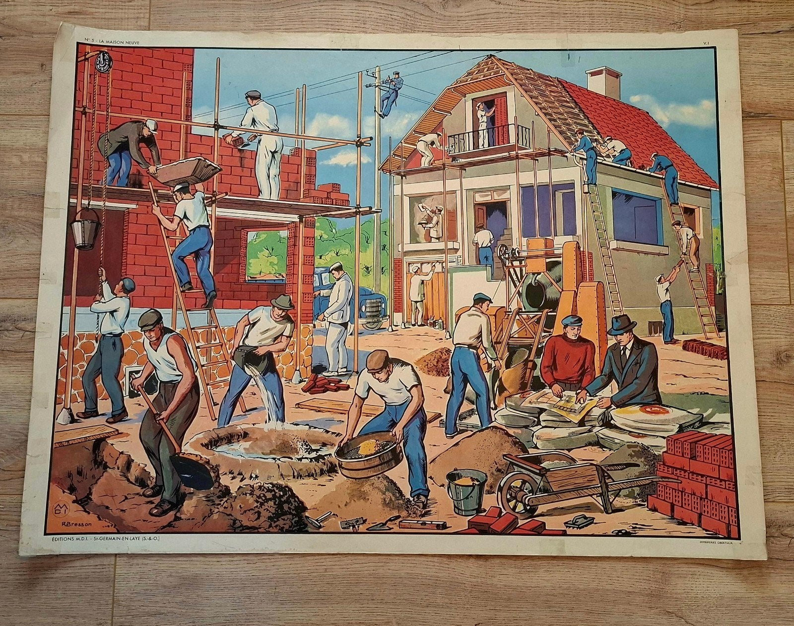 Vintage schoolplaat - Huis bouwen en keuken (dubbelzijdig), Ophalen, Huis en Tuin