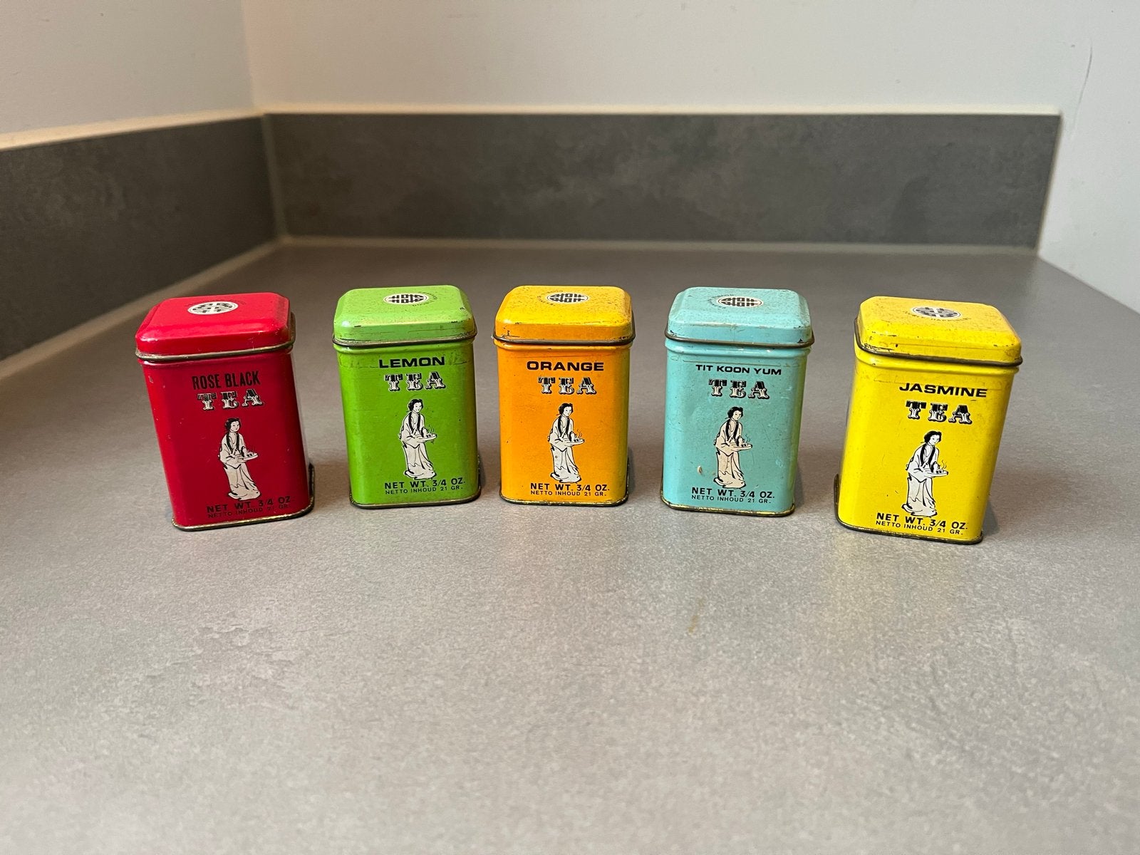 Set van 5 vintage theeblikjes - diverse smaken, Ophalen of Verzenden