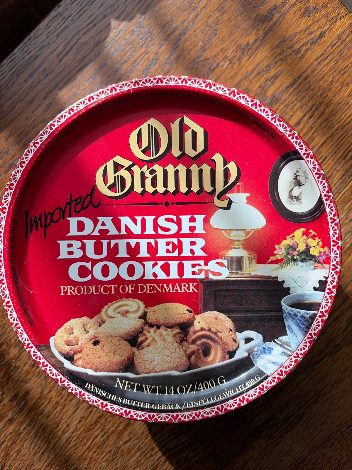 Vintage Old Granny Danish Butter Cookies blik, Ophalen, Gebruikt, Koek(jes), Overige merken