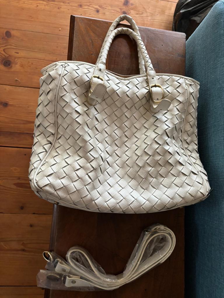 Antichic leren handtas vintage creme flechtwerk ca 50x38cm, Ophalen of Verzenden, Gebruikt, Beige, Handtas