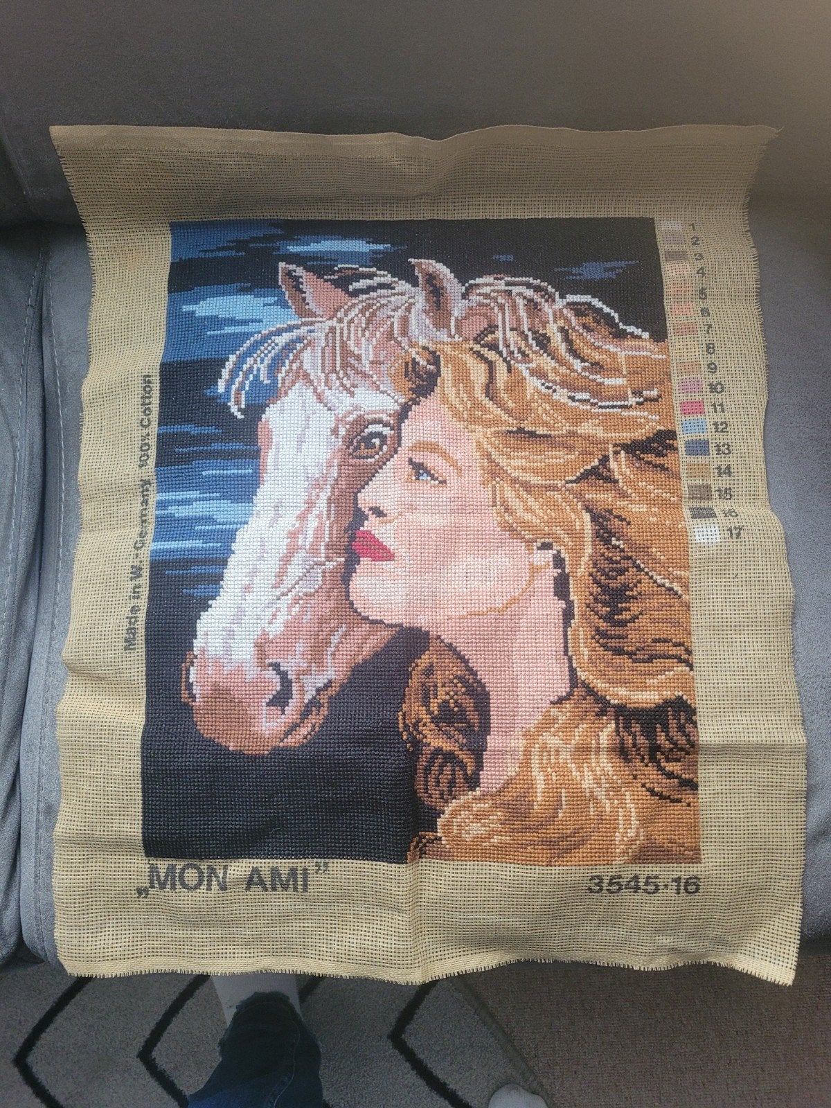 Borduurwerk "Mon Ami" - Vrouw en Paard, Ophalen, Gebruikt, Handgemaakt, Meerkleurig